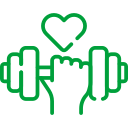 Grüne Hand, die eine Hantel hält, und Herzsymbol – steht für Fitness, Krafttraining und Gesundheit.