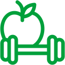 Grüner Apfel und Hantel – Symbol für gesunde Ernährung und Fitness.