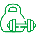 Grüner Kettlebell und Hantel – Symbol für Krafttraining und Fitnessgeräte.