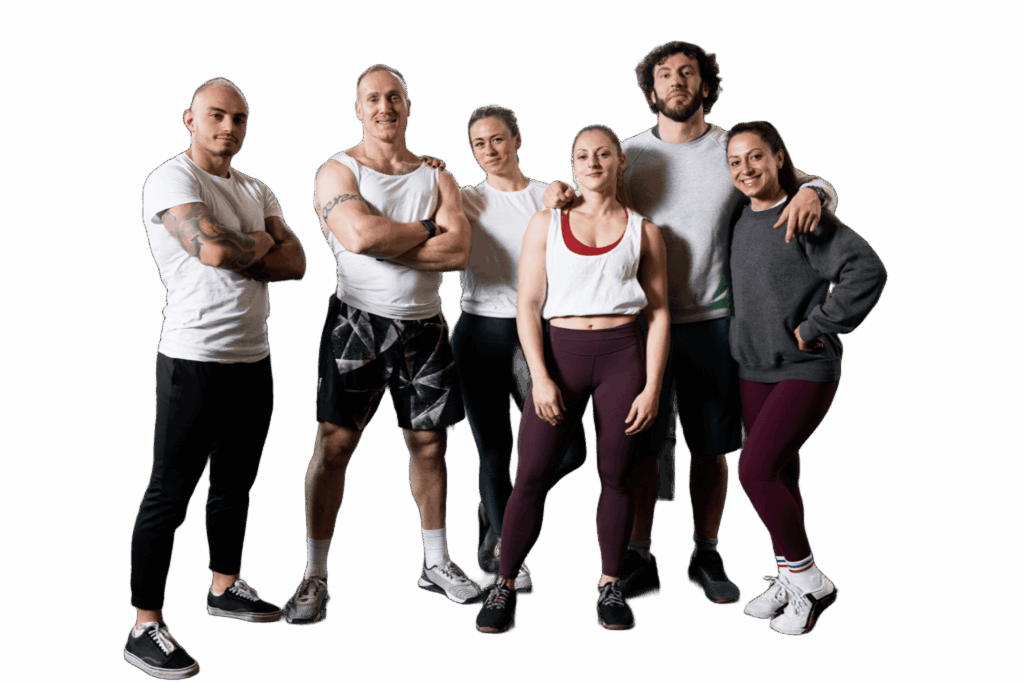 Gruppe junger, sportlicher Menschen in Trainingskleidung – symbolisiert Teamgeist, Motivation und Karrierechancen im Fitness- und Gesundheitsbereich.